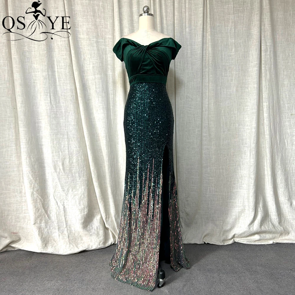 

Off Shoulder Green Evening Dresses Open Split Velvet Prom Party Gown Faded Gold Sequin Crisscross Emerald Woman Celebrity Dress