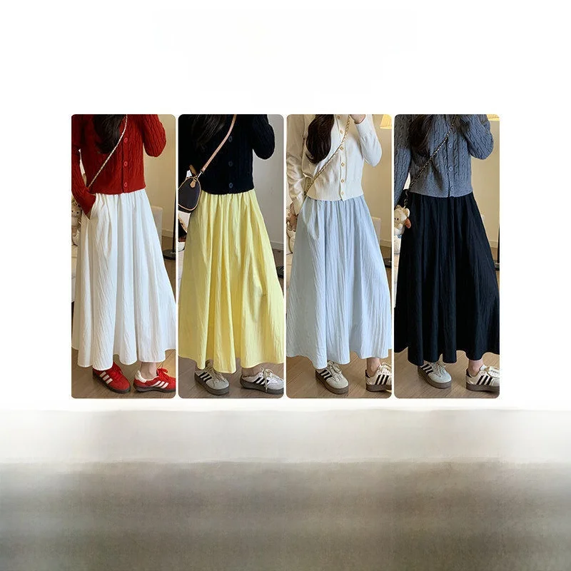 Yellow High Waist A-Line  Skirt Women's Spring Autumn Slimming Flared Skirt Gentle Style Polyester Fiber  Sweet Style
