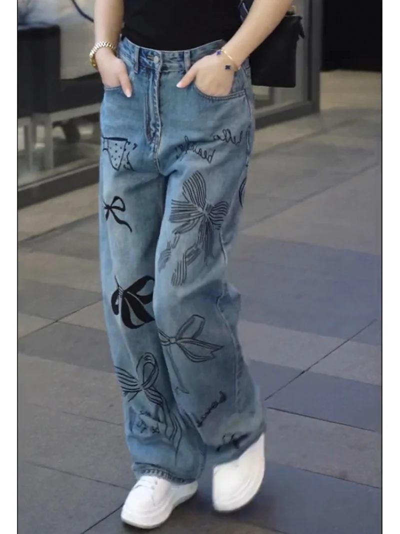 Graffiti Bow Aesthetics Design Vintage Women's Jeans European American Style Jeans for Women Street Personality New Pants Woman