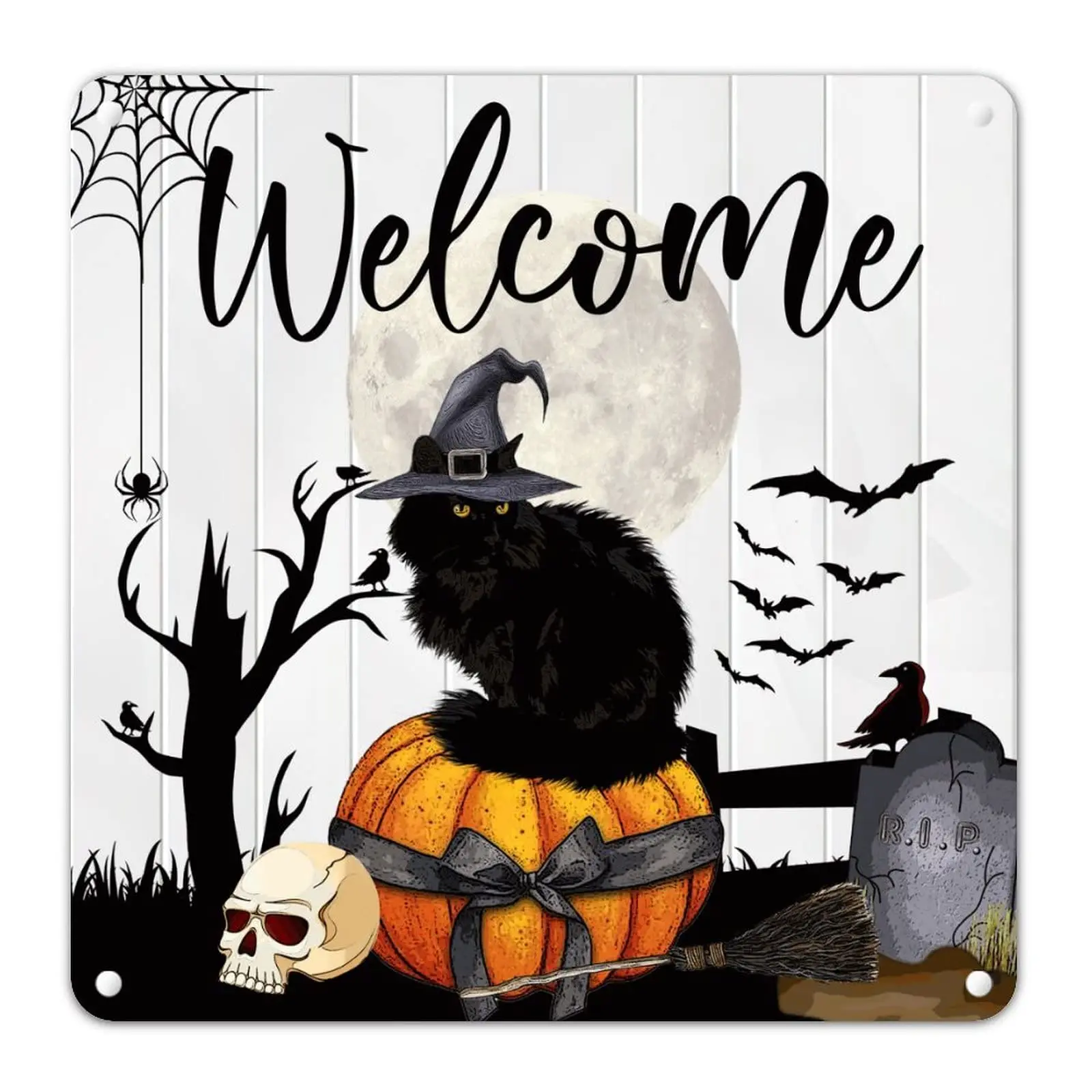 Halloween Black Cat Welcome Tin Sign Halloween Tiered Tray Sign Pumpkin Skull Moon Bats Cemetary Metal Sign Creepy Wall Door Win