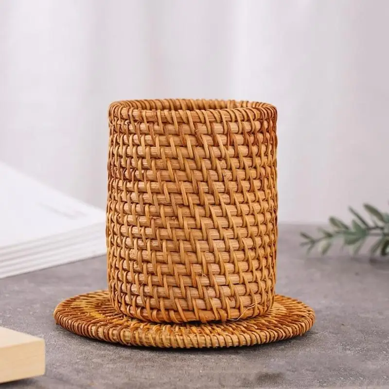 Traditional Braided Rattan Pen Organiser Desktop Pencil Storage Container For Study Room Bedroom Countertop Offices Desk