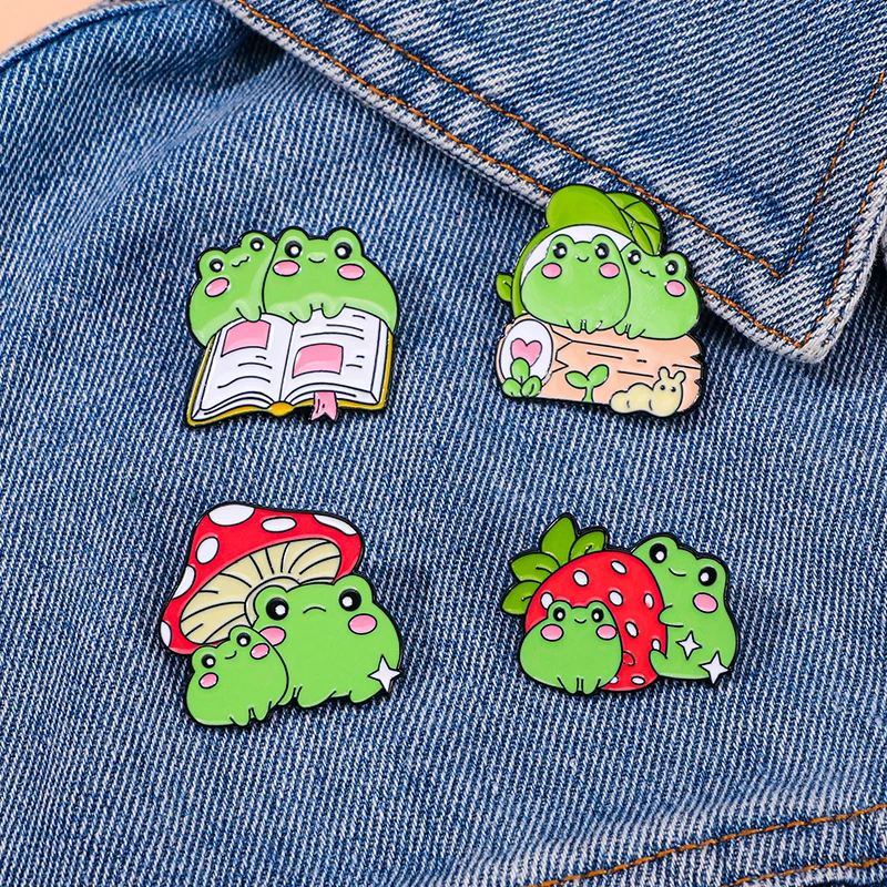 Romantic Frog Couple Theme Pins Cute Strawberry Mushroom Book Pattern Lovers Enamel Brooches For Sweethearts Gift