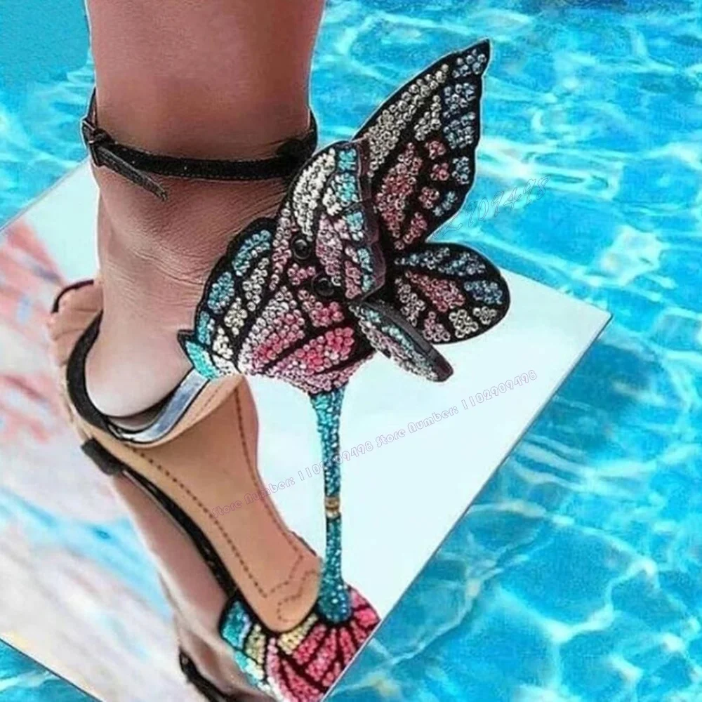 Colorful Crystal Butterfly Back Strap Sandals Open Toe Shoes for Women Cover Heel Thin High Heels Shoes 2023 Zapatos Para Mujere