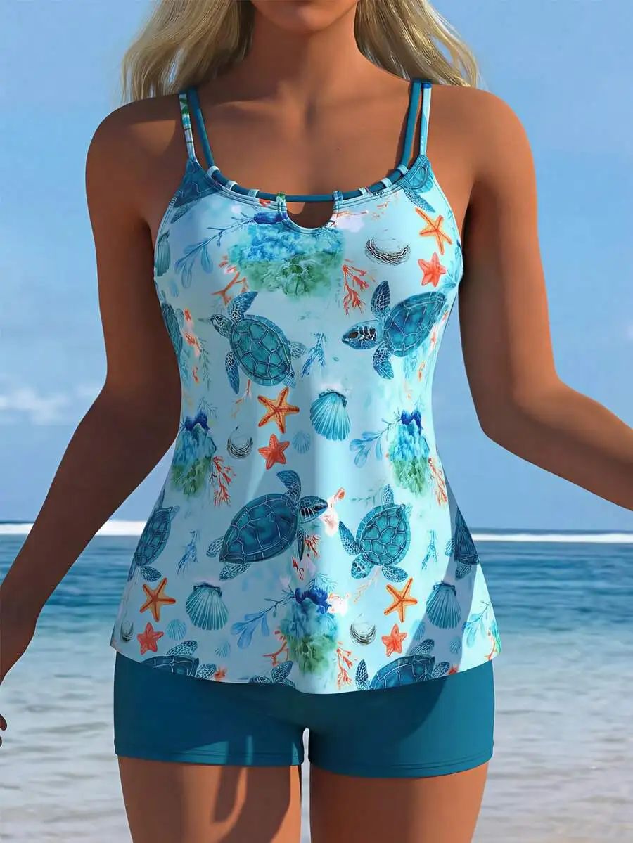 Womens Marine Life Print Tankini Set With Camisole Straps And Shorts