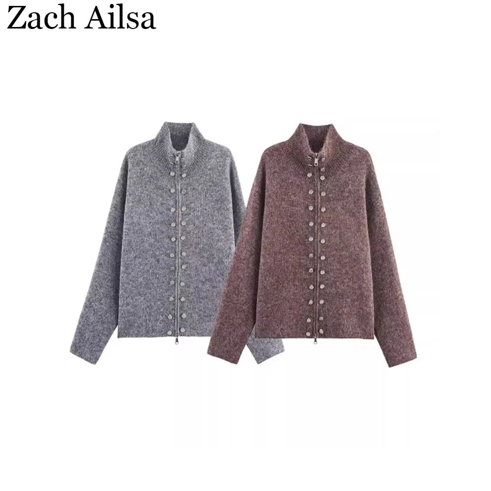 

Autumn and Winter New Women's Fashion Simple and Versatile Multi Button Zipper Knitted Cardigan