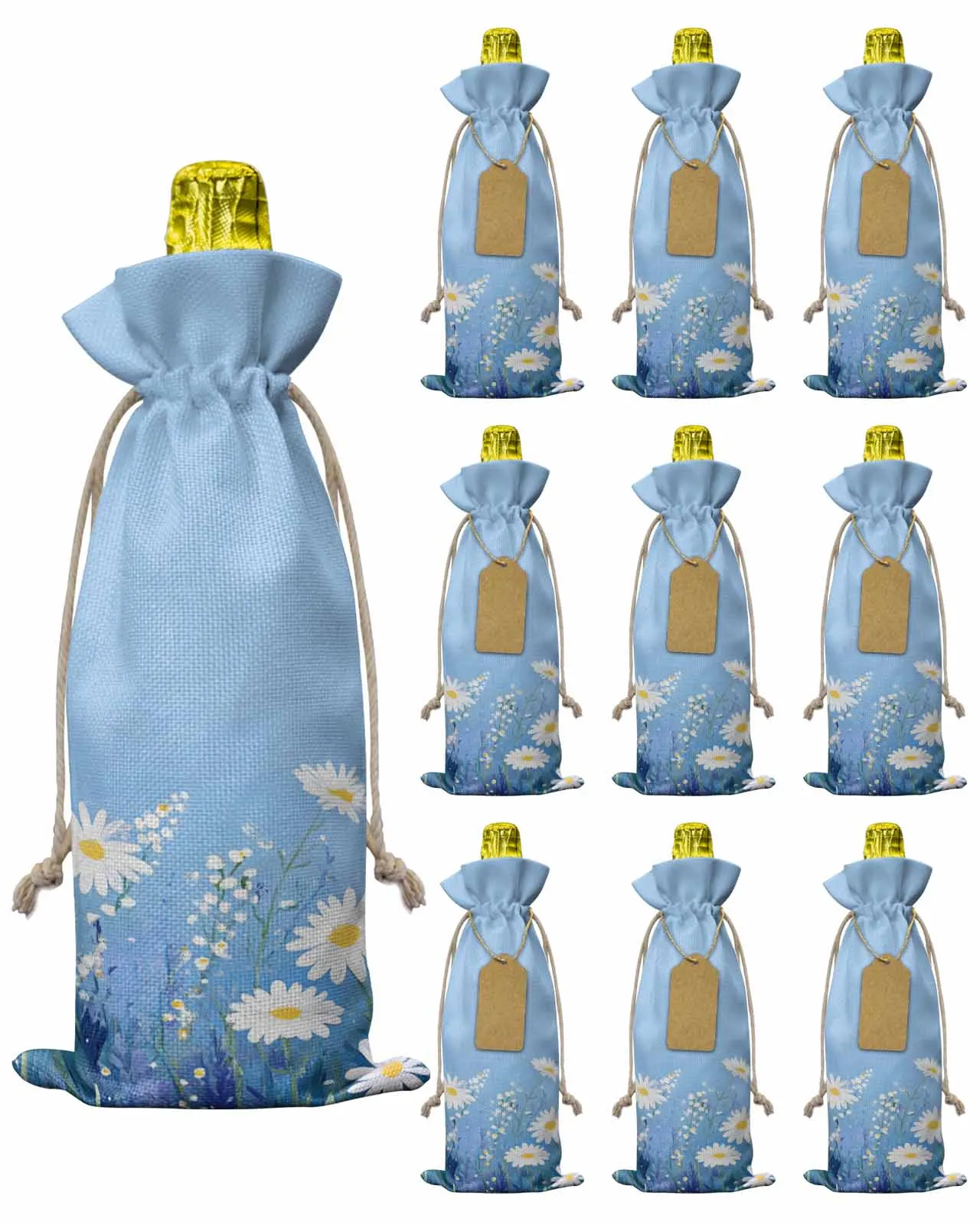 

10pcs Wine Bottle Covers Spring Blue Flowers Pastoral Wine Holder Carrier Packaging Bag Wedding Party Decor Gift
