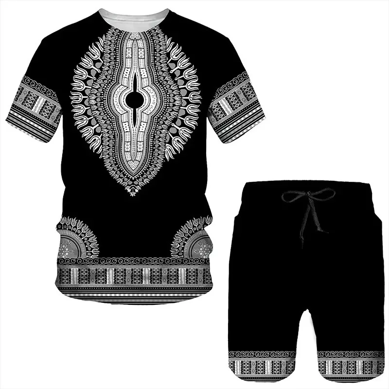 2025 African Sportswear Men's 3D Printed Summer Sportswear Set Short Sleeved Shorts T-shirt Children's T-shirt Sportswear