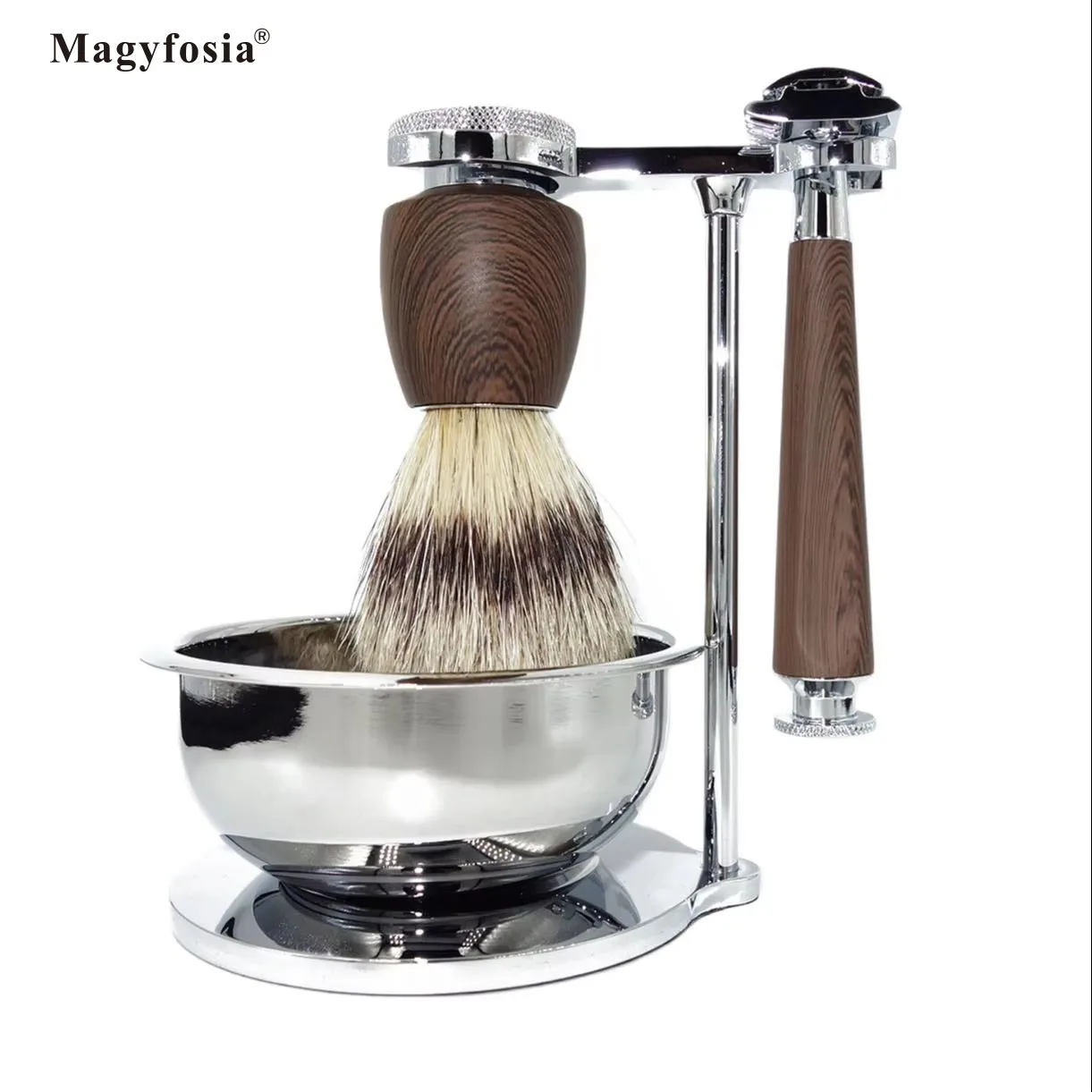 Magyfosia Classic 4 in 1 Men's Shaving Kit with Natural Boar Hair Brush and Double-edge Beard Safety Razor Barber Grooming Tool