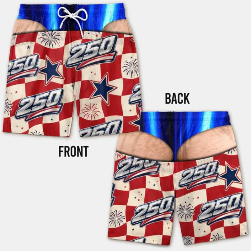 Men Funny Fake Two‑Piece Swim Shorts Racing Flag Flame Print Red Bikini Waist Gag Beach Board Shorts