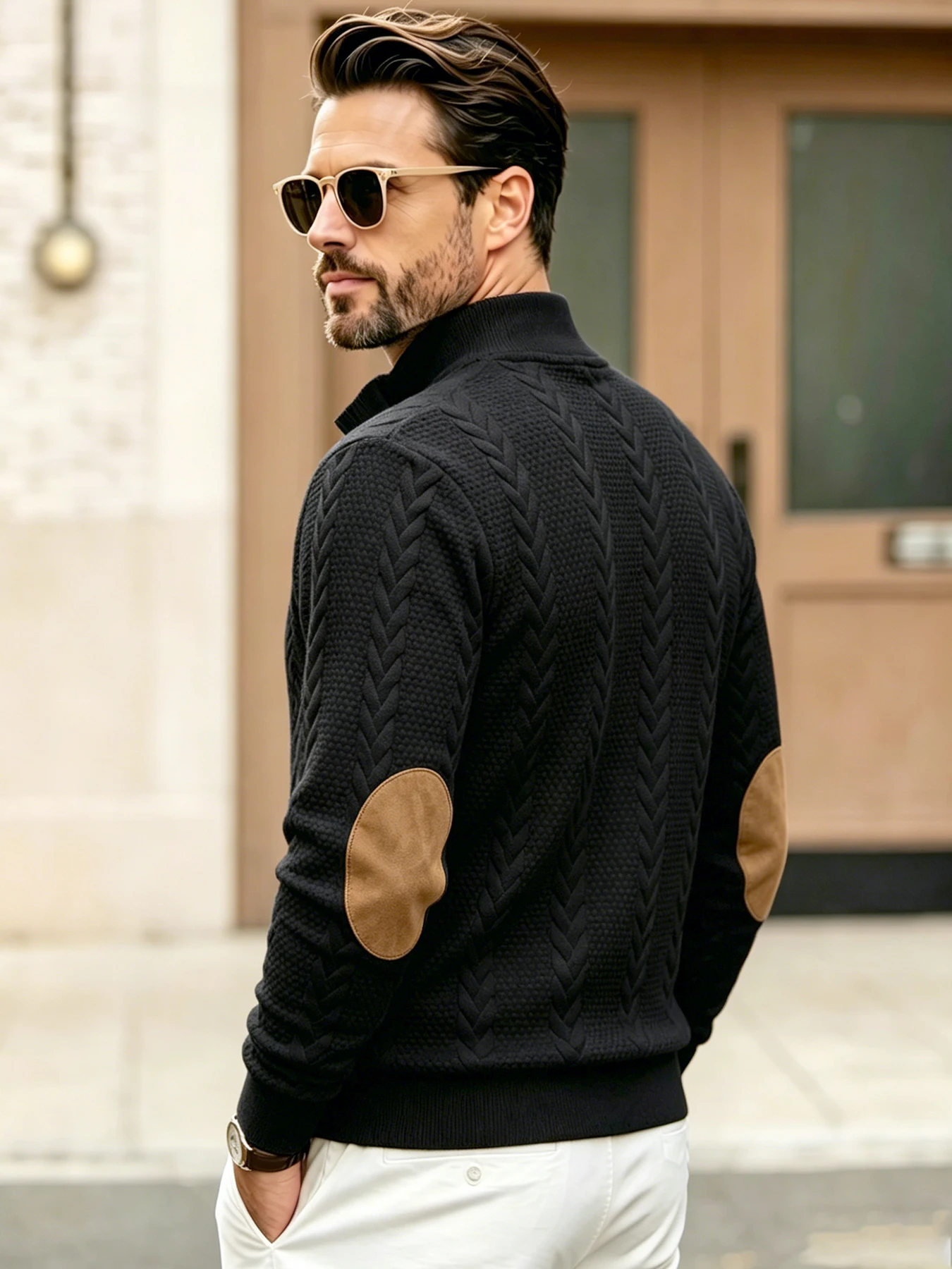 Men's Stand Collar Cable Knit Sweatshirt Autumn Winter Button Placket Elbow Patches Casual Daily Work Office Pullover