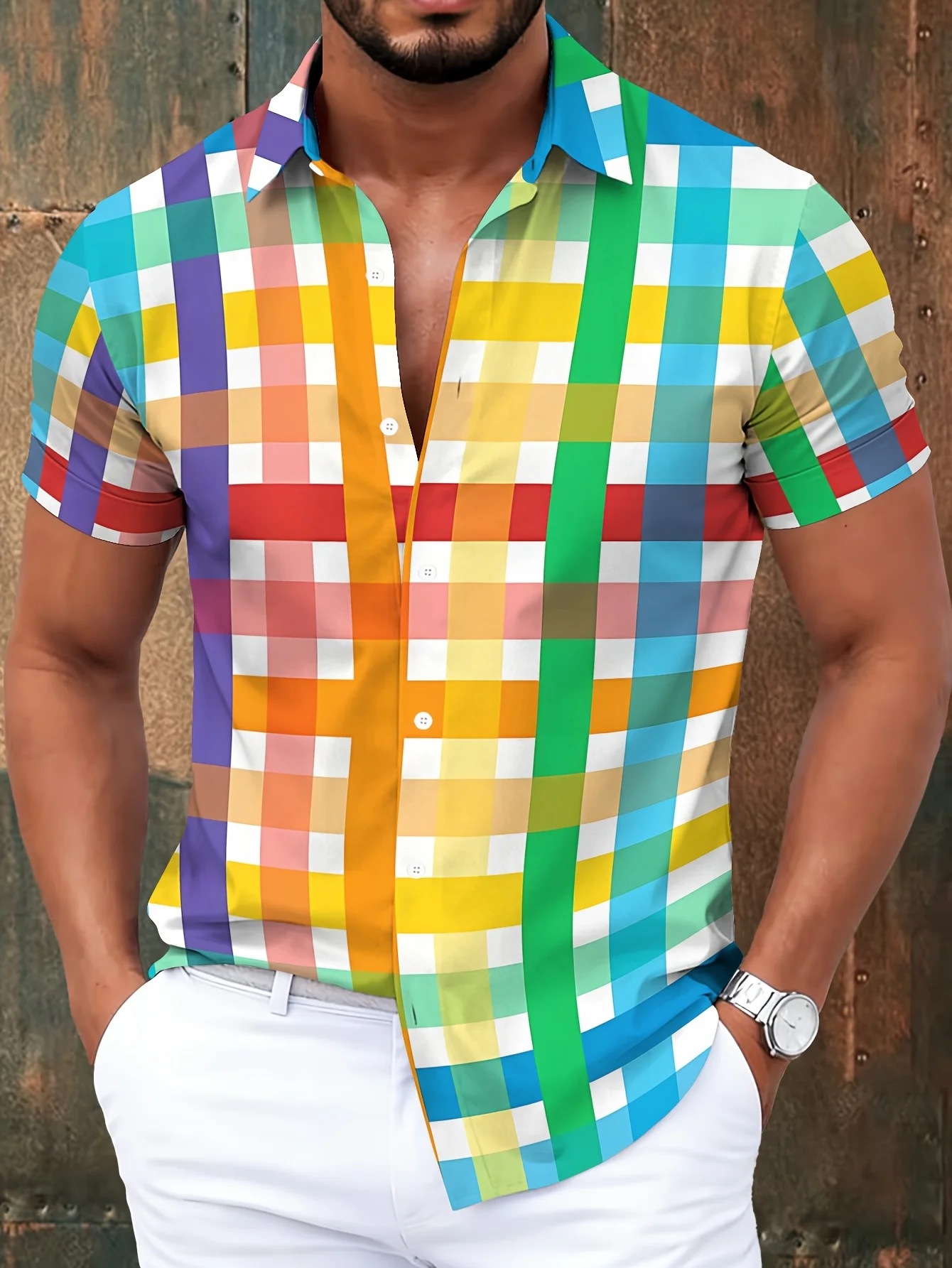 Men's Rainbow Color Plaid Check Print Short Sleeve Lapel Shirt Summer Vacation Loose Casual Mens Clothing
