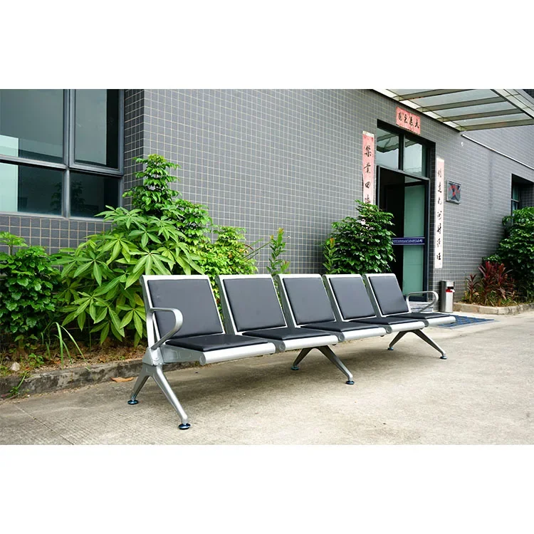 Outdoor Steel Gang Chair Seats With Optional PU Leather Cushion Three-Seat Tandem Bench For Airport Waiting For Outdoor Use