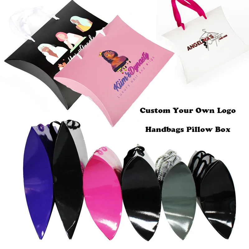 20Pcs Custom Logo Packaging Box For Wigs Pillow Box With Handle Private Label Hair Packaging Box Handbag For Bra Wig Accessories