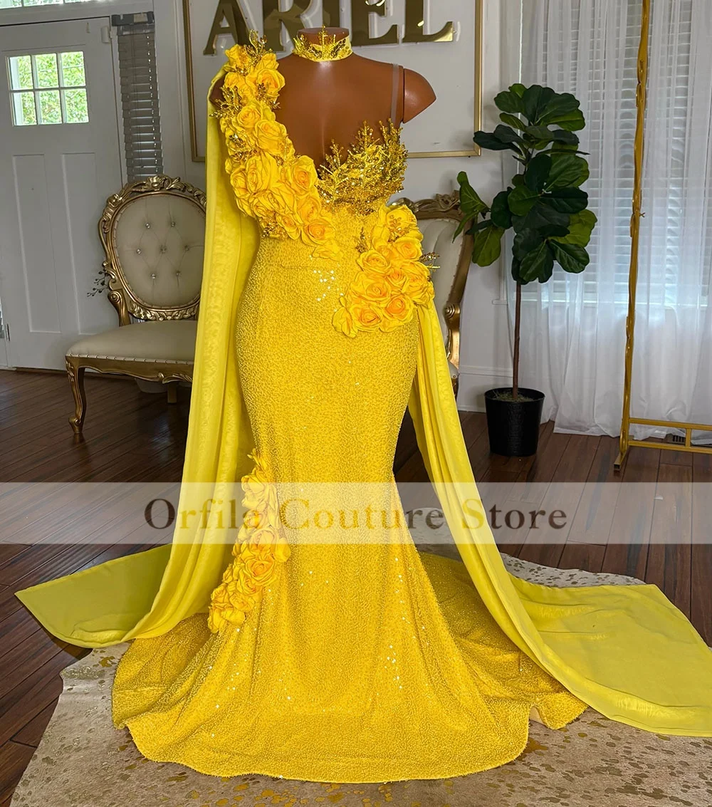 Yellow Sequined Prom Dress Mermaid Evening Gown One Shoulder Flowers Beads Birthday Birthday Party Customized