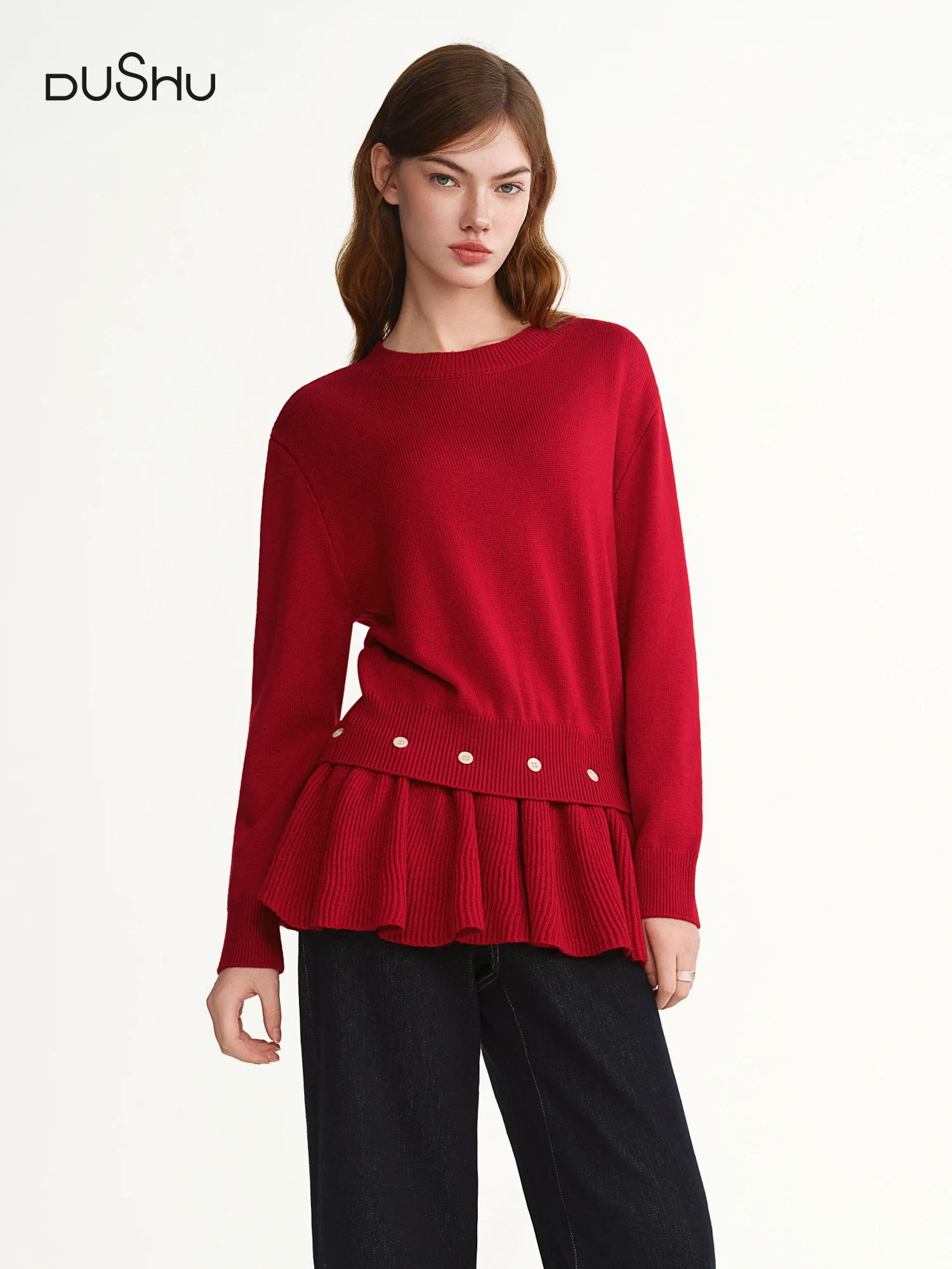 

DUSHU 【Милый рождественский】Свободный вязаный свитер, шерстяной новый осенне-зимний тонкий свитер с круглым вырезом 2025 года, корейский элегантный романтический