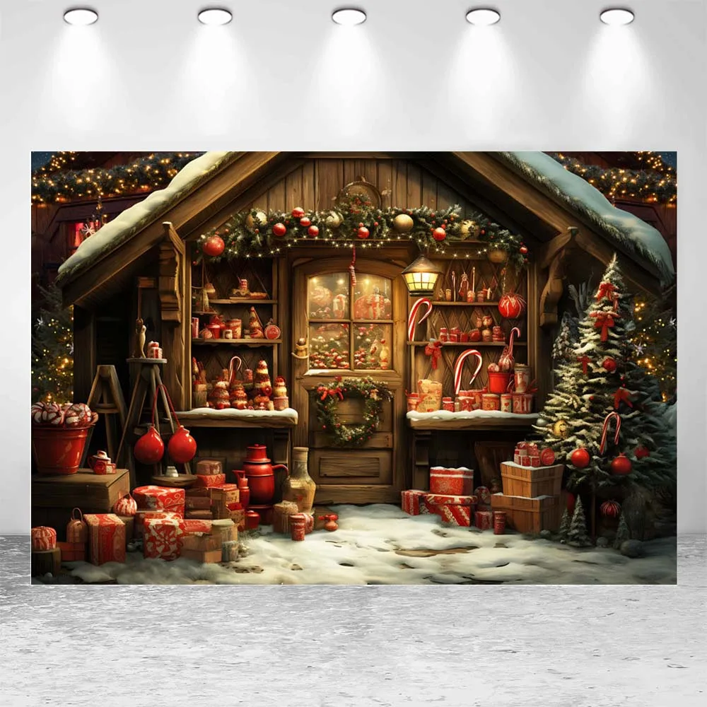 Mocsicka Wood House Snow Winter Christmas Backdrop Xmas Tree Wreath Gifts Family Portrait Photo Background Studio Photocall Prop