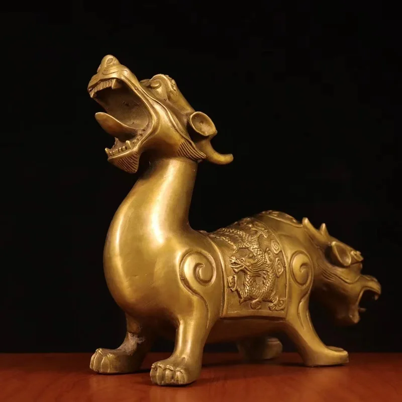 Copper Tianlong DiHu Ornament, Brass Pixiu Two-Headed Beast, Large Size, Home Living Room Office Craft, Opening Gift