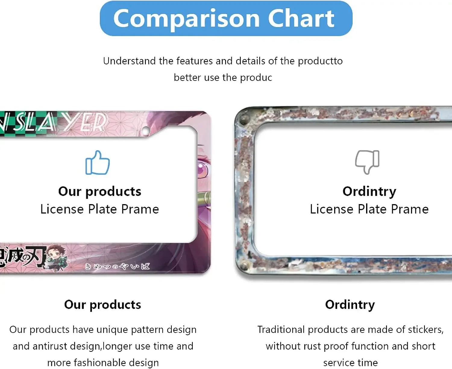 أنيمي شيطان القاتل إطار لوحة الرخصة 2 حزمة حامل لوحة ترخيص السيارة مع 2 ثقوب إطار علامة السيارة للنساء الرجال المركبات الأمريكية