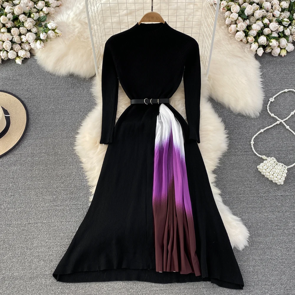 

Autumn and Winter Light Luxury Temperament Standing Neck Knit Splice Gradient Color Knit Pleated Waist Large Swing Dress