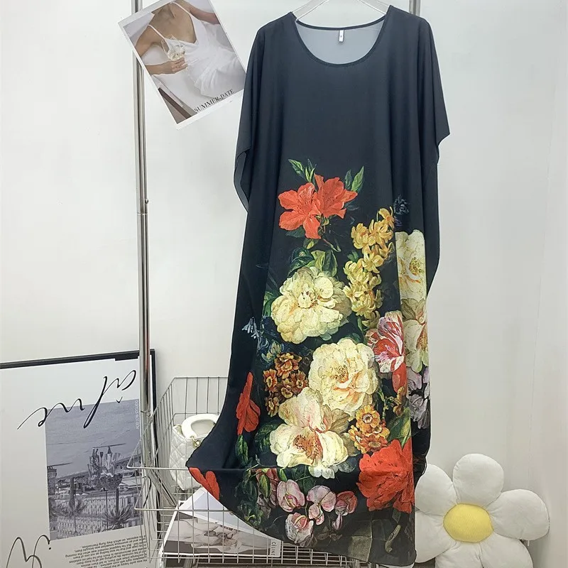 Summer New Women Casual Print Sleep Dress Silky Satin Nightgown Plus Size Dresses Women Chemise De Nuit Short Sleeve Home Dress 2