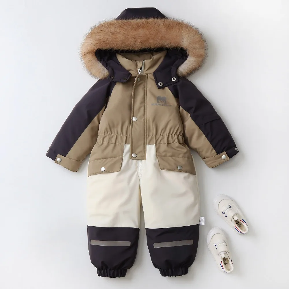 2025 Winter Childrens Clothes Snowsuit Boys Fur Lining Playsuits Thicken Kids Snowsuit Hooded Ski Suit Girls Warm Jumpsuit 2-5Y