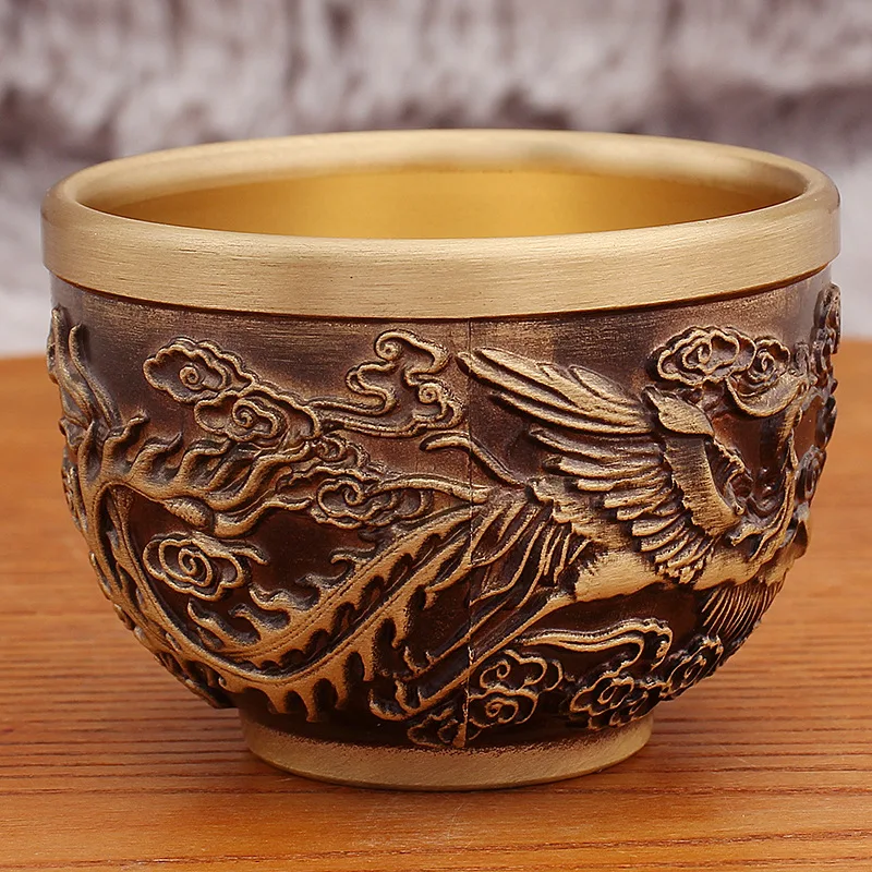 

Brass Dragon and Phoenix Cup Home Living Room Desktop Decoration Vintage Antique Dragon and Phoenix Auspicious Tea Cup Metal Orn