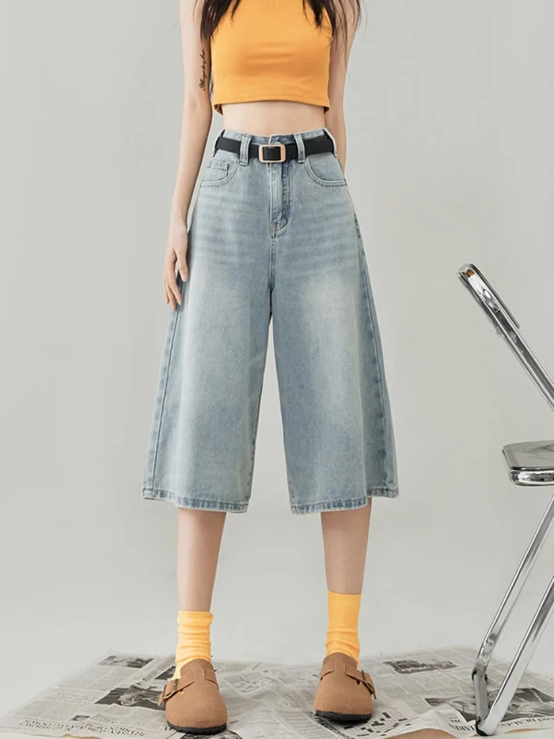 Harajuku Jeans Women Straight Calf-length High Waist Baggy Casual Streetwear Denim Retro Y2k Punk Grunge Summer All-match Chic