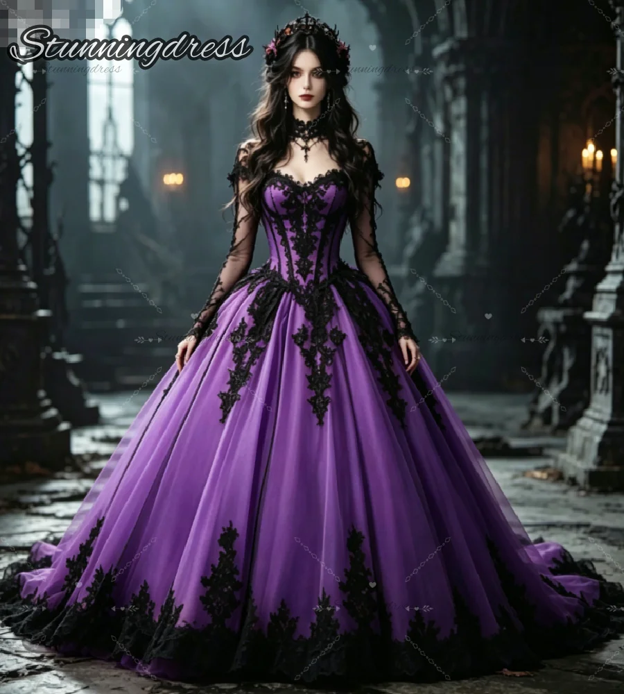 Dark Princess Pink Gothic Wedding Dress Ball Gown Long Sleeve Victorian Lace Bridal Dresses Enchanted Forest Bohemian Formal