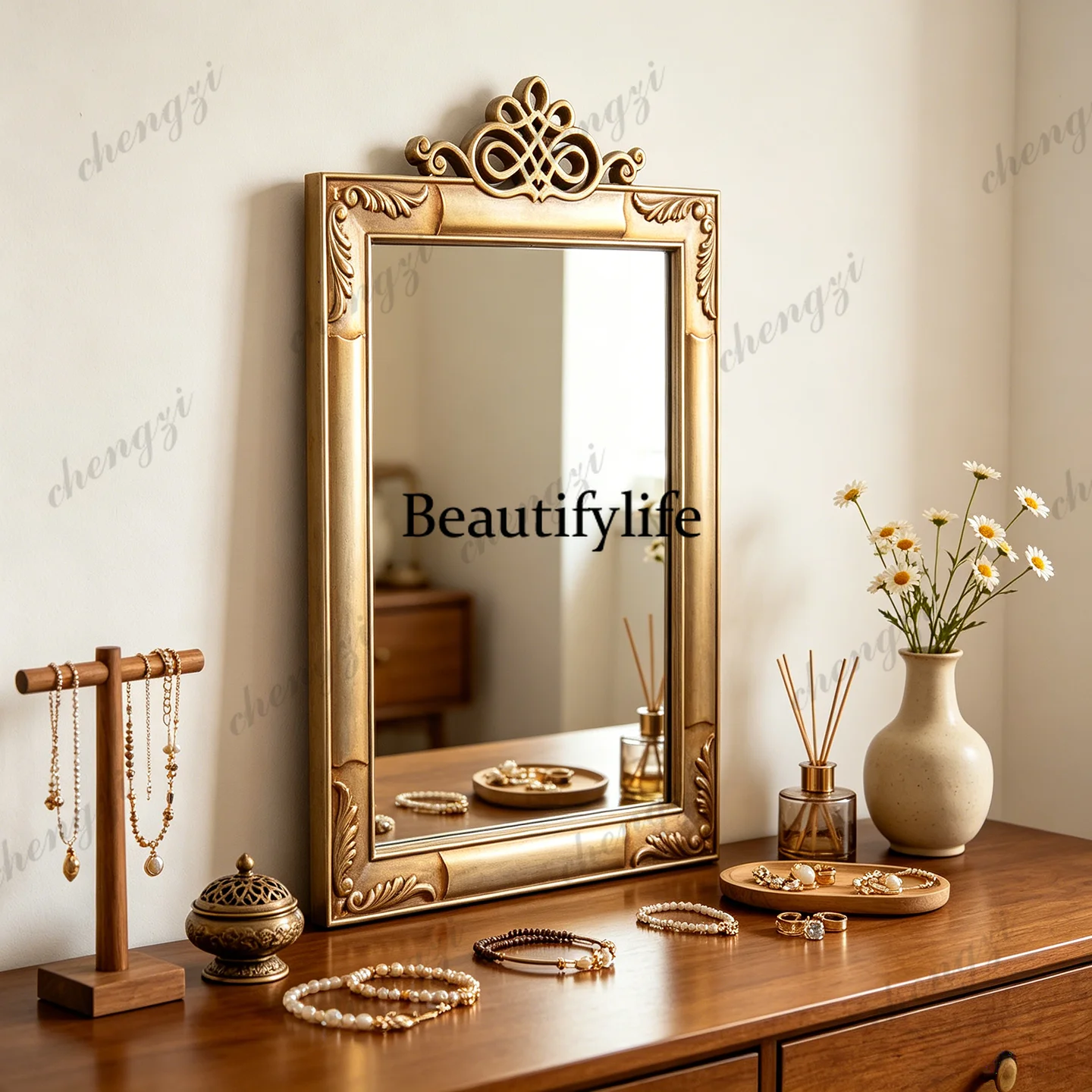 French retro wall fireplace mirror European carved decorative mirror American bedroom makeup mirror