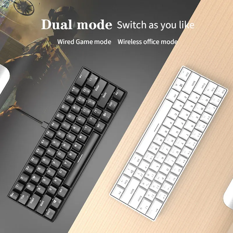 Gaming Mechanical Keyboard Wired Wireless Dual Mode Connection 61 Keys Anti-ghosting Blue/Black Switch Mechanical Keyboard