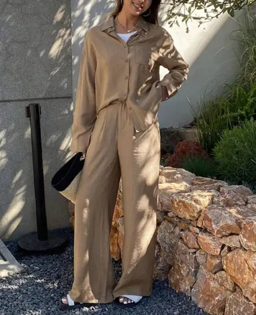 

2025 Autumn/Winter New Fashion Women's Button Loose Shirt Top Casual Wide Leg Pants Two Piece Set Women's Clothing