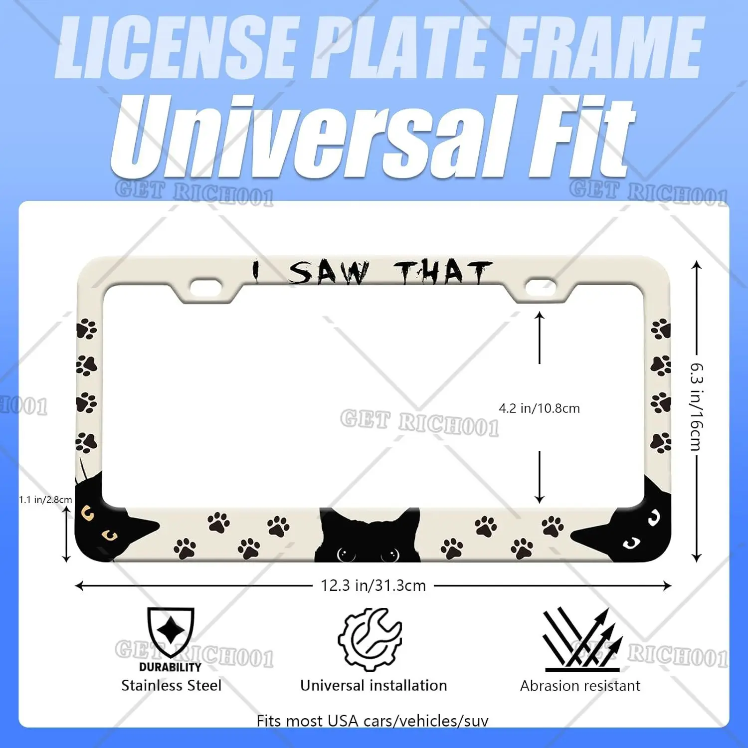 Black Cat Plate Frame License Plate Holder Rust-Proof Waterproof Stainless 2 Hole License Plate Holder for Men Women 12x6 Inches