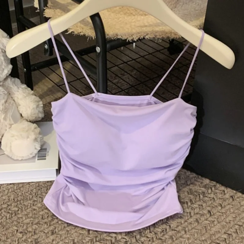 퓨어 디자이어 섹시 얇은 패드 여성용 탱크탑 여름 얇은 플리츠 슬리밍 슬림핏 아우터웨어 출퇴근용 슬리브트 길이