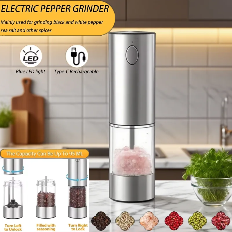 

Электрическая мельница для перца из нержавеющей стали, перезаряжаемая от USB, регулируемая и легкая мельница для соли и приготовления специй, кухонная еда
