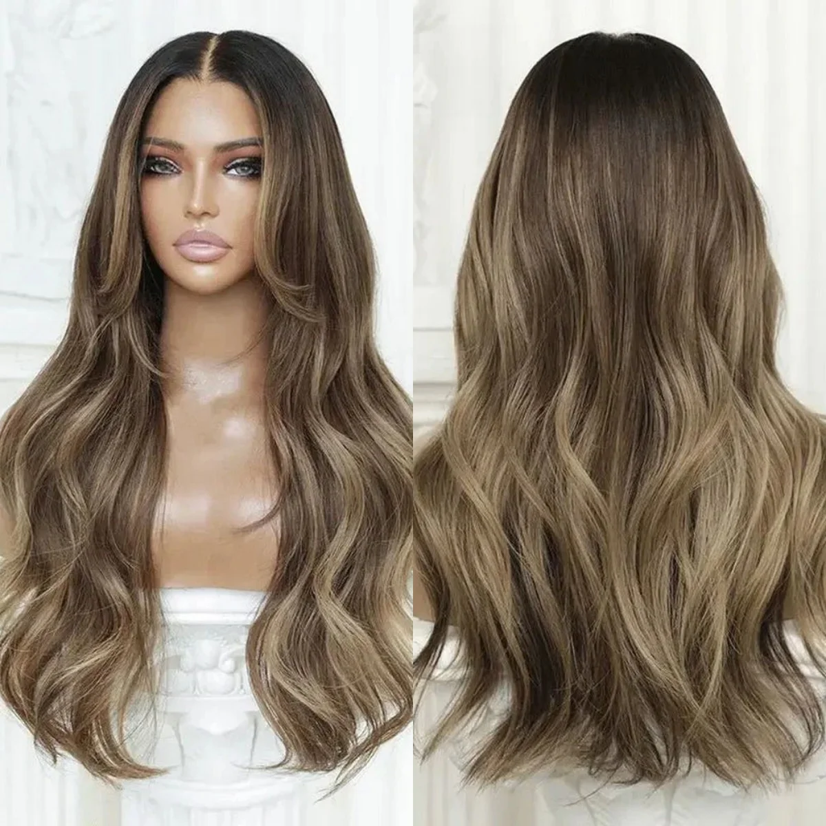 Long Length Ombre Caramel Brown Luxury Synthetic Lace Front Wig for Women Pre plucked Body Wave Middle Part Daily Party Hair 24