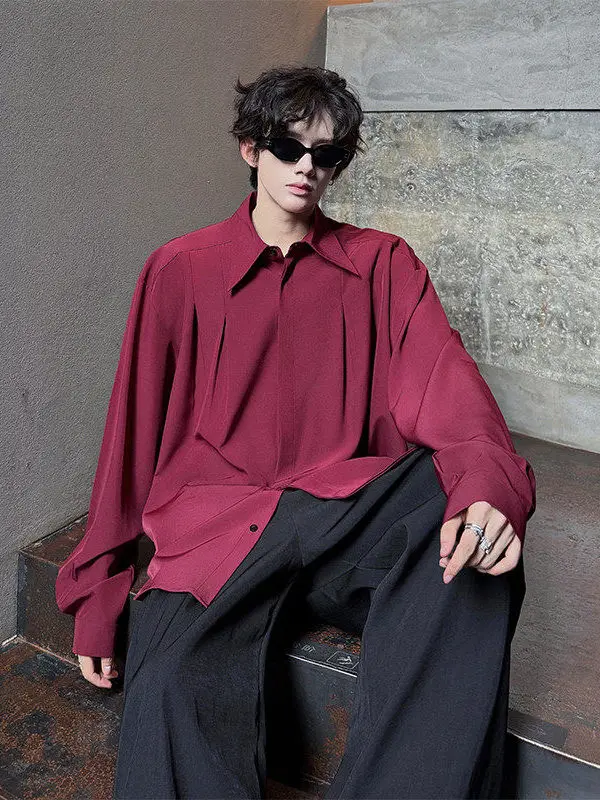

Мужская длинная рубашка винного цвета, весна-осень, винтажная, плиссированная, драпированная, в стиле Cleanfit, корейская версия, повседневная мода