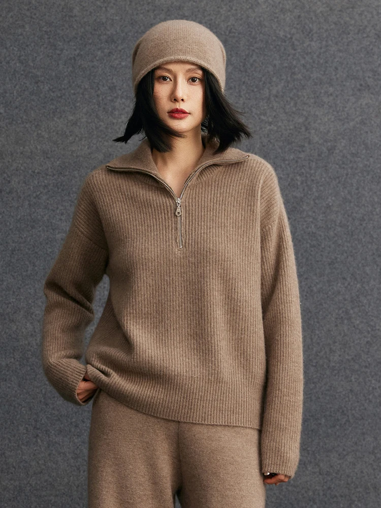 レディース 100% カシミヤ セーター ハーフジッパー セーター ターンダウンカラー 厚手 プルオーバー プレッピースタイル 高級 秋冬 ルーズトップ