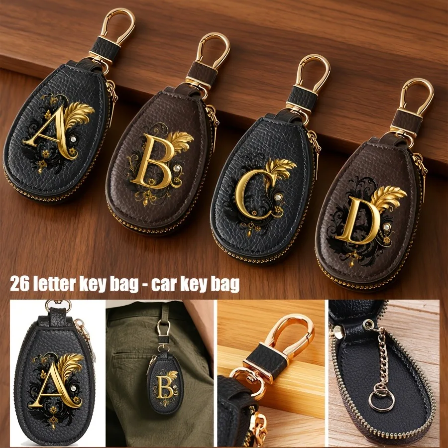 1 Pc lychee Patterned Key Bag - Letter A-Z Car Key Protection Case Key Storage Clip mini Car Key Storage Bag PU Keychain Wallet