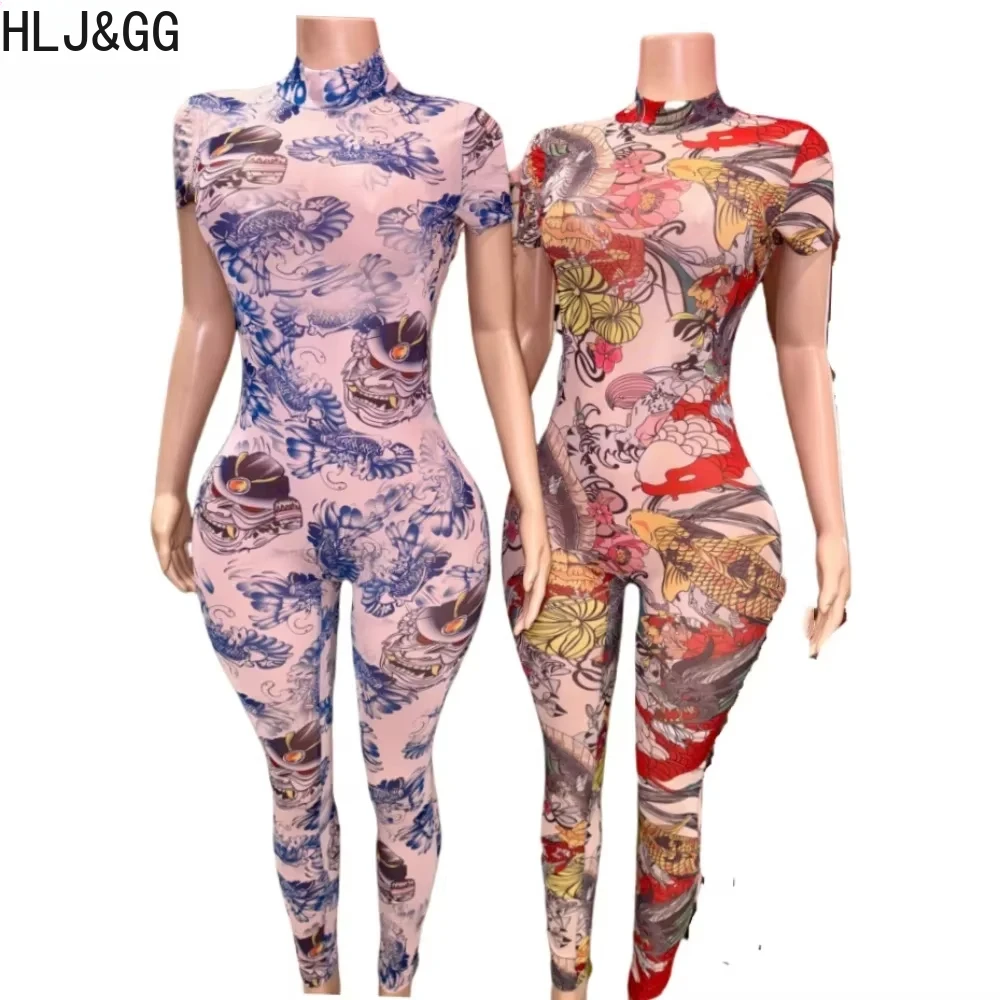 HLJ&GG Sexy Mesh See Though Printing Bodycon One Piece Jumpsuits Women Round Neck Long Sleeve Slim Playsuits Fashion Clubwear