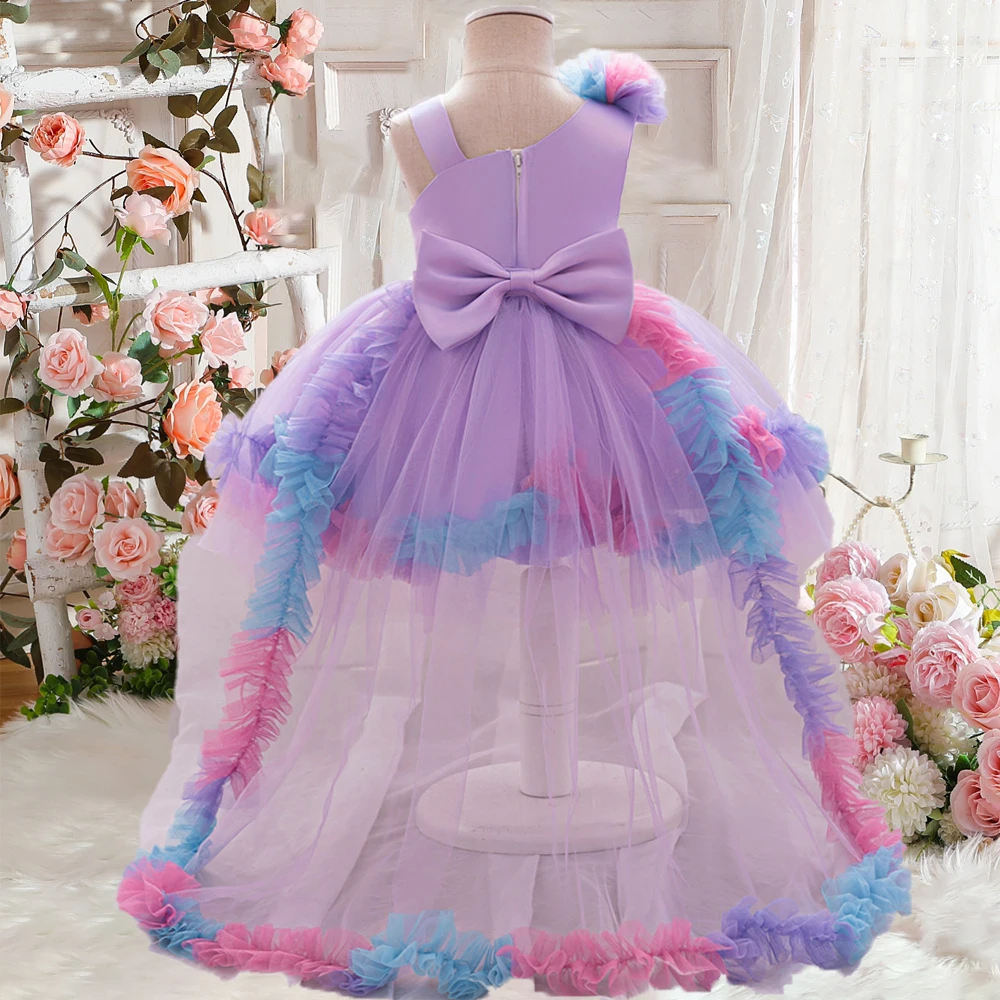 Luxury Girls Purple Wedding Floral Dress Kids Trailing Party Dresses For Baby Girl Princess Fancy Gown Toddler Christening Wear