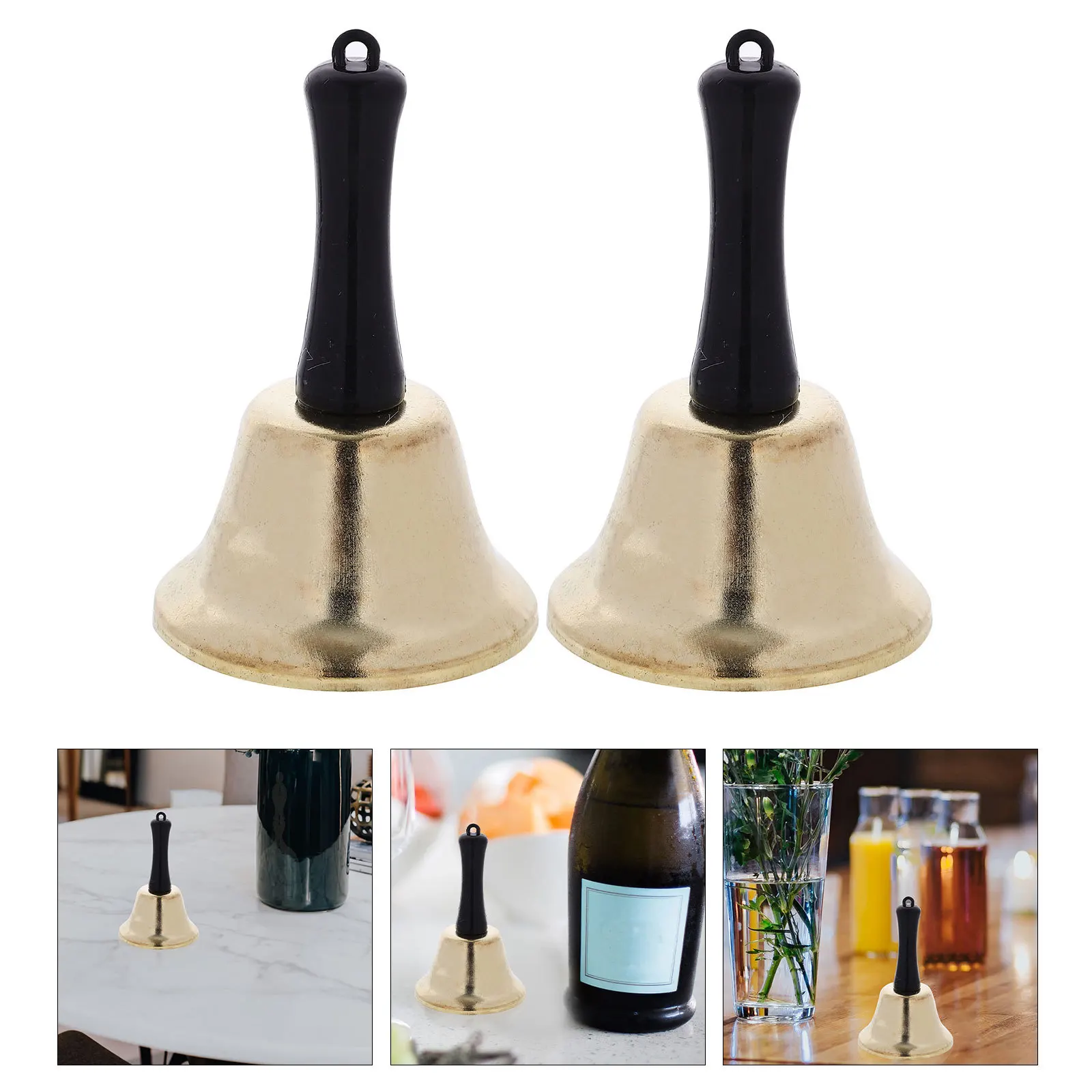 

2Pcs Handbell Metal Loud Clear Sound Ergonomic Handle Lightweight for School Home Hotel Christmas Party Festival Gift Golden