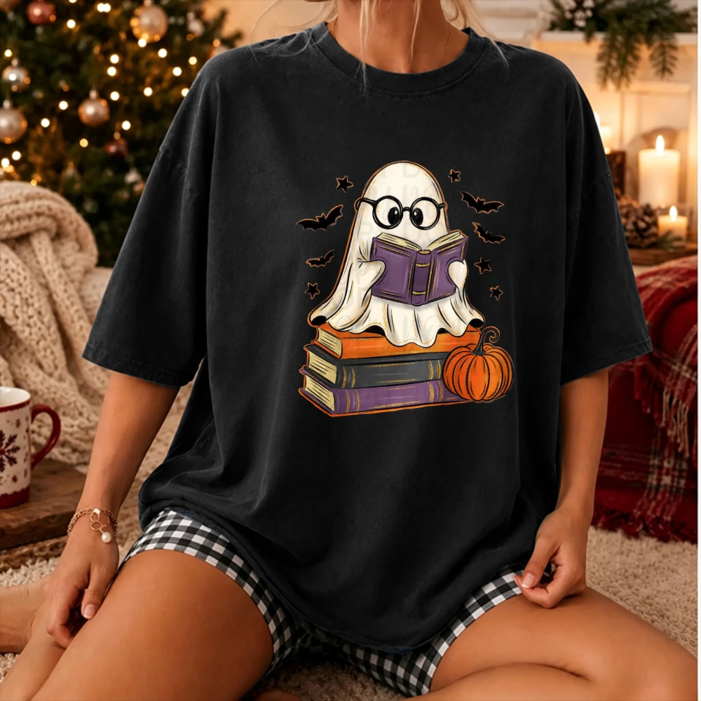 Cute Nerdy Glassed Reading Ghost Halloween T‑Shirt Bookish Ghost on Stack Books Pumpkin Bat Star Spooky Fall Book Lover Nerd Top