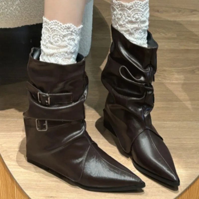 

Women Pointed Toe Short Boots Fad Mid Heels Chunky Buckle Shoes 2025 Designer Elegant Chelsea Ankle Boots Party Pumps Zapatillas