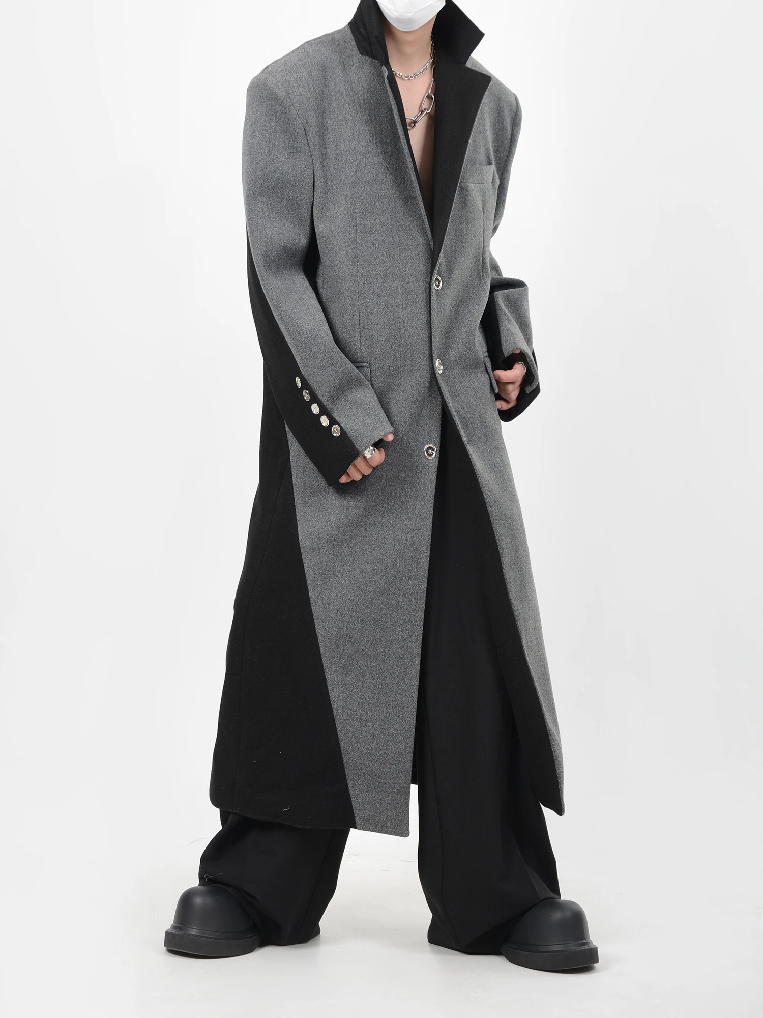 Deconstructed Color Contrast Splicing Long over-the-knee Woolen Overcoat Solid Shoulder Pad Trench Coat