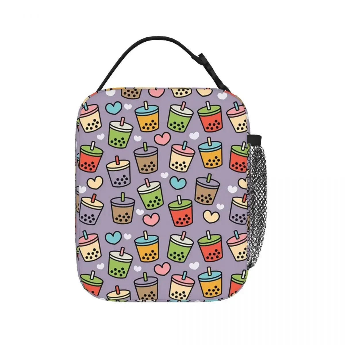 Cute Bubble Tea Flavors And Hearts Pattern Lunch Bags Insulated Lunch Tote Waterproof Thermal Bag for Woman Work Kids School