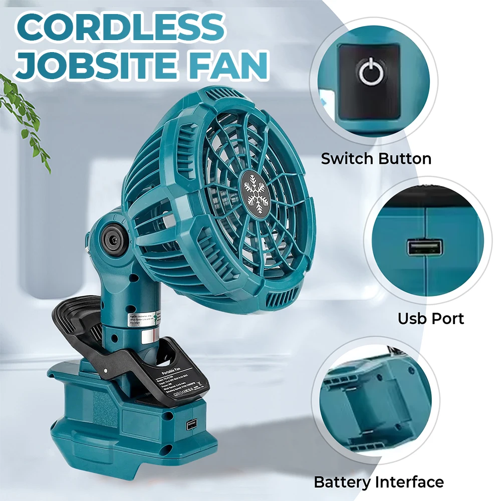 Ventilador de trabajo inalámbrico para baterías de iones de litio Makita de 18V, ventilador de Camping recargable para exteriores ajustable de 3 velocidades 315 ° rotación