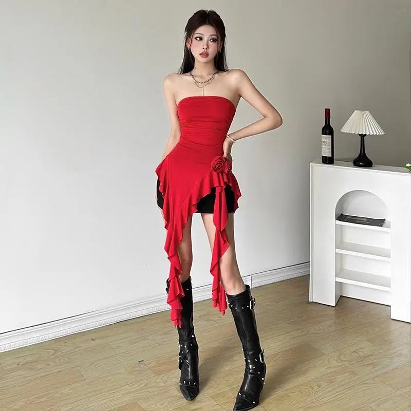 Women Bustier Tops Irregular 3D Roses Ruffle Slim Aesthetic Summer Chic Streetwear Tops Solid Red Womenswear Black White Sexy