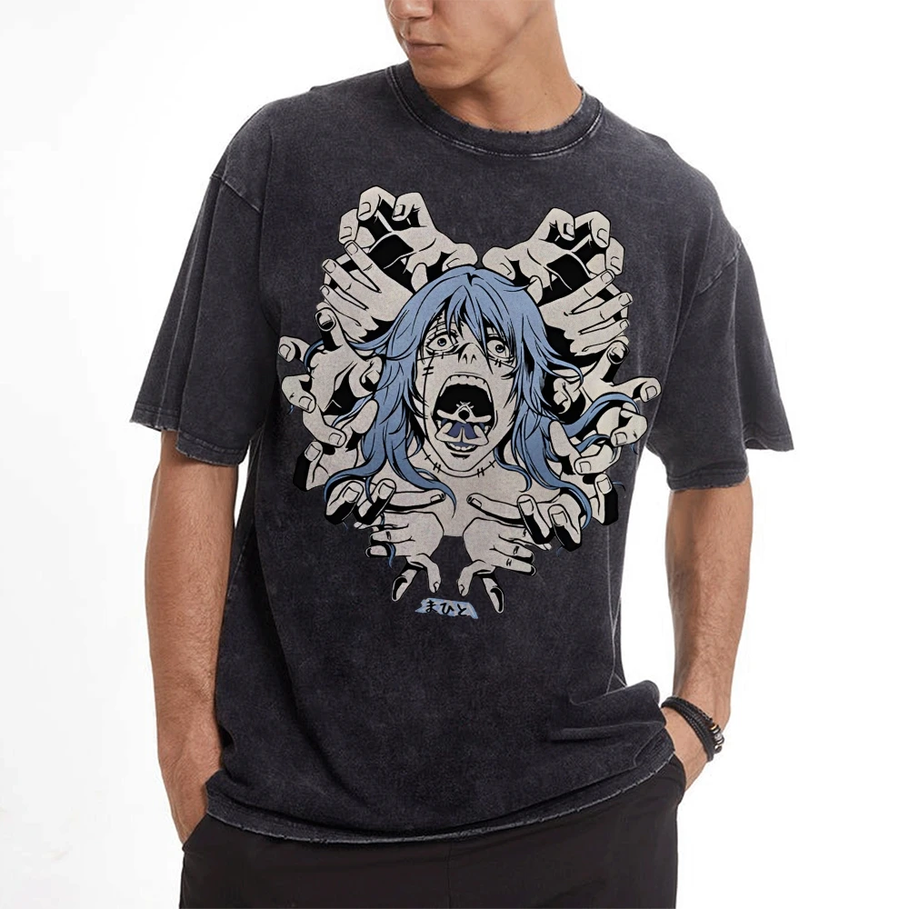 Japanese Style T-Shirt Hand-Painted Animation Multi-Hand Avatar Printing Retro Trend Round Neck Loose Shoulder New Short Sleeves