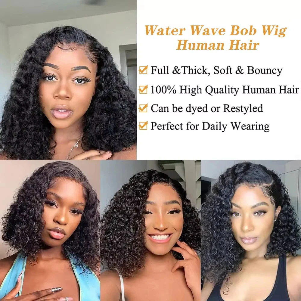 8-16 Inch Bob Curly Human Hair Wigs 13x4 HD Lace Frontal Wig Bouncy Deep Wave Texture Natural Black Human Hair Wigs Pre Plucked Bangs For Daily Wear view 6