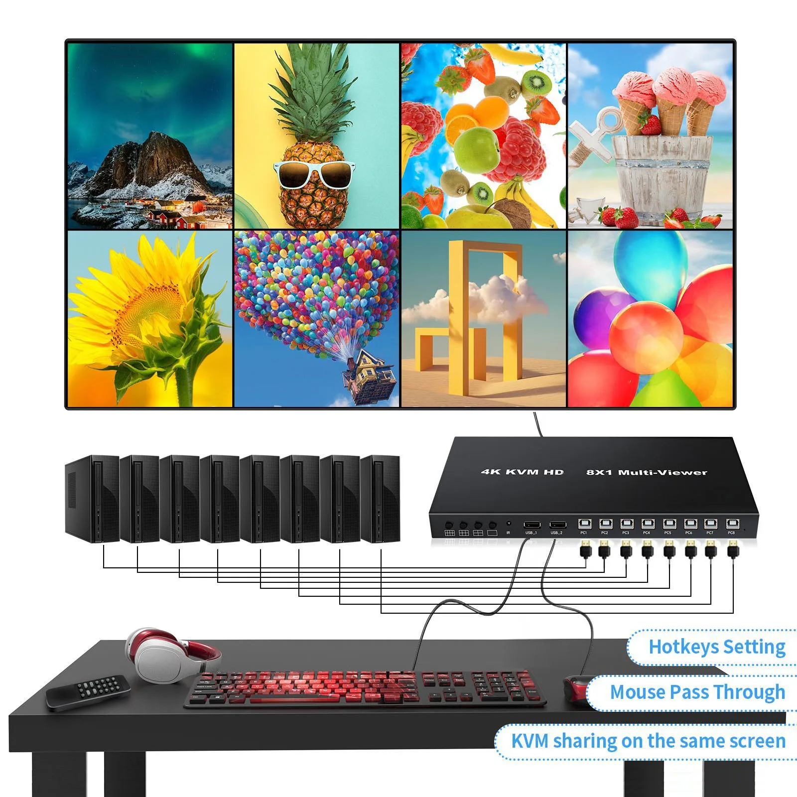 4K   KVM 8x1 Mult er Seamless Switching 8 Input 1 via Button and IR Control